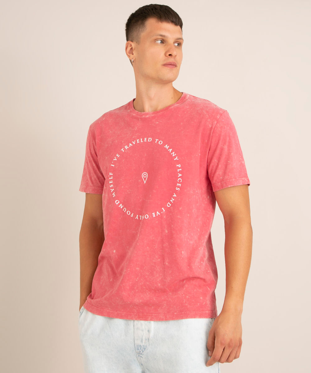 camiseta de algodão marmorizada com estampa circular manga curta gola careca rosa