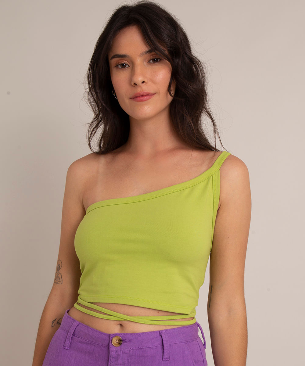 blusa cropped um ombro só com amarração verde