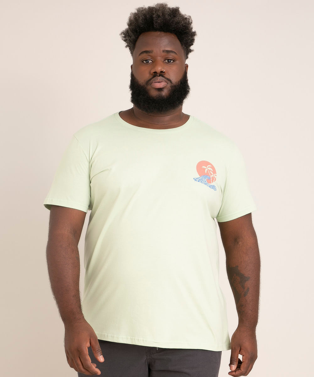 camiseta plus size gola careca manga curta estampada palm beach verde