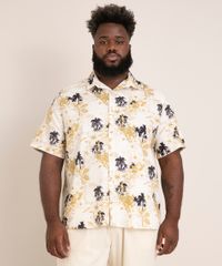 Camisa Plus Size Manga Curta Estampado Bege frente Camisa Plus Size Manga Curta Estampado Bege frente