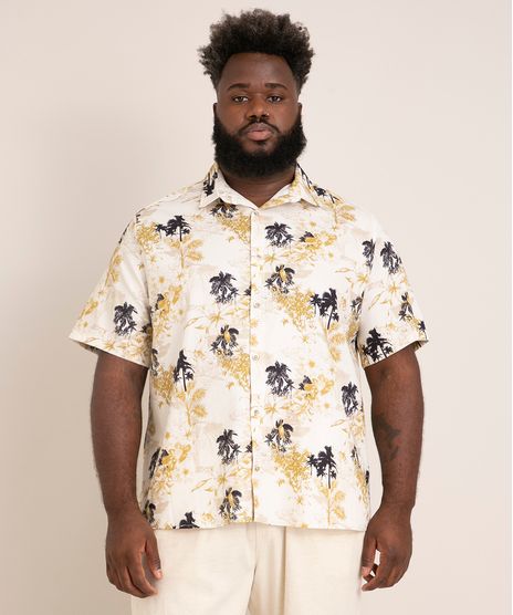 Camisa Plus Size Manga Curta Estampado Bege frente