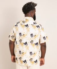 Camisa Plus Size Manga Curta Estampado Bege costas Camisa Plus Size Manga Curta Estampado Bege costas