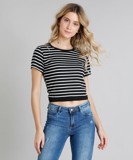 Blusa Feminina em Tricô Cropped Listrada Manga Curta Decote Redondo Preta - GG Menor preço em Blusa Feminina em Tricô Cropped Listrada Manga Curta Decote Redondo Preta - GG