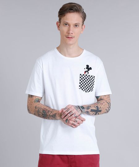 Camiseta-Masculina-Mickey-com-Bolso-Quadriculado-Manga-Curta-Gola-Careca-Branca-9195404-Branco_1