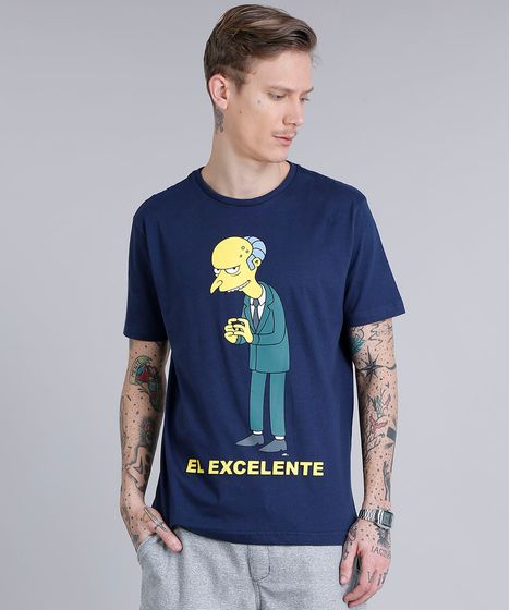 Camiseta Oxer Básica Mescla Raglan Masculina Camiseta Masculina Sr Burns Os Simpsons Manga Curta Gola Careca Azul Marinho Cea