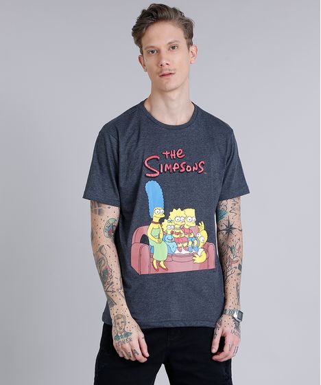 Camiseta Oxer Básica Mescla Raglan Masculina Camiseta Masculina Os Simpsons Manga Curta Gola Careca Cinza Mescla Cea