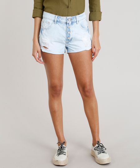 Short Jeans Feminino Boy Destroyed Barra Dobrada Azul Claro Menor preço em Short Jeans Feminino Boy Destroyed Barra Dobrada Azul Claro