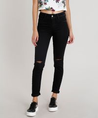 Calca-Jeans-Feminina-Skinny-Sawary-com-Rasgo-no-Joelho-Preta-9322477-Preto_1