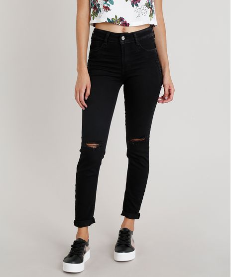 Calca-Jeans-Feminina-Skinny-Sawary-com-Rasgo-no-Joelho-Preta-9322477-Preto_1