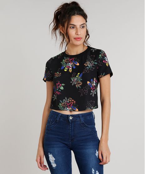 Blusa-Feminina-Cropped-Estampada-de-Pranchas-e-Flores-Manga-Curta-Decote-Redondo-Preta-9087212-Preto_1