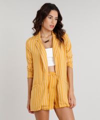Blazer-Feminino-Longo-Listrado-com-Fenda-Manga-Longa-Mostarda-9185814-Mostarda_1