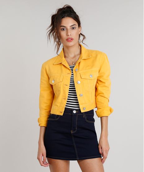 Jaqueta-de-Sarja-Feminina-Cropped-com-Bolsos-Manga-Longa-Mostarda-9334162-Mostarda_1
