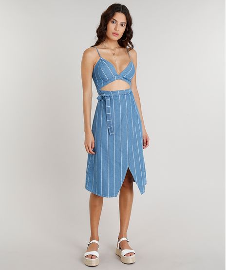 Vestido-Jeans-Feminino-Midi-Transpassado-Listrado-com-Vazado-Alcas-Finas-Decote-V-Azul-Claro-9273119-Azul_Claro_1