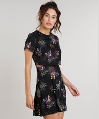 Vestido-Feminino-Curto-Estampado-de-Pranchas-e-Flores-Com-Recorte-Vazado-Manga-Curta-Decote-Redondo-Preto-9086790-Preto_1