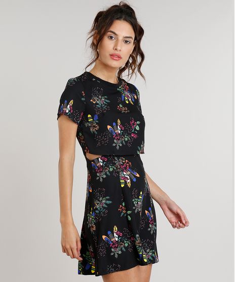 Vestido-Feminino-Curto-Estampado-de-Pranchas-e-Flores-Com-Recorte-Vazado-Manga-Curta-Decote-Redondo-Preto-9086790-Preto_1