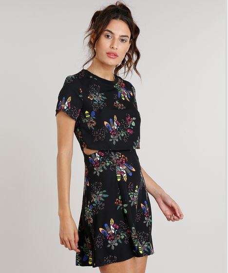 vestido preto estampado com flores