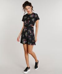 Vestido-Feminino-Curto-Estampado-de-Pranchas-e-Flores-Com-Recorte-Vazado-Manga-Curta-Decote-Redondo-Preto-9086790-Preto_3
