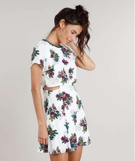 Vestido-Feminino-Curto-Estampado-de-Pranchas-e-Flores-Com-Recorte-Vazado-Manga-Curta-Decote-Redondo-Branco-9086790-Branco_1