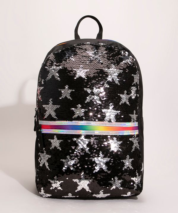 mochila infantil com paetês dupla face preta Único