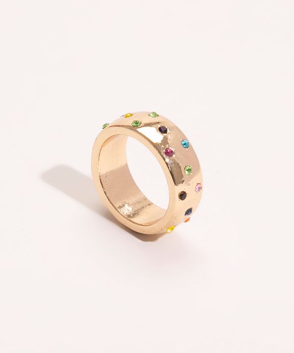 anel com pontos de strass coloridos dourado M