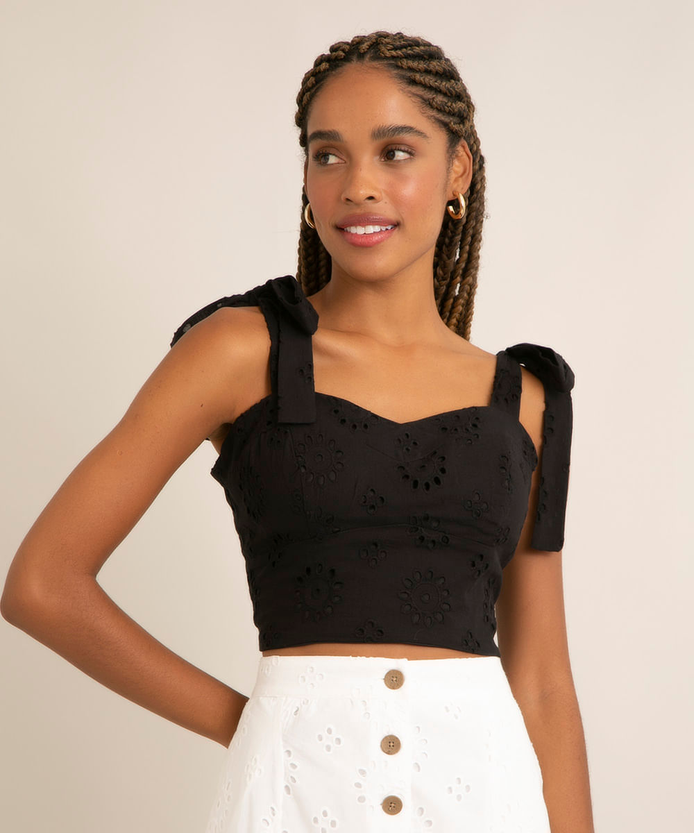 blusa cropped em laise corset decote coração alça larga laço preto