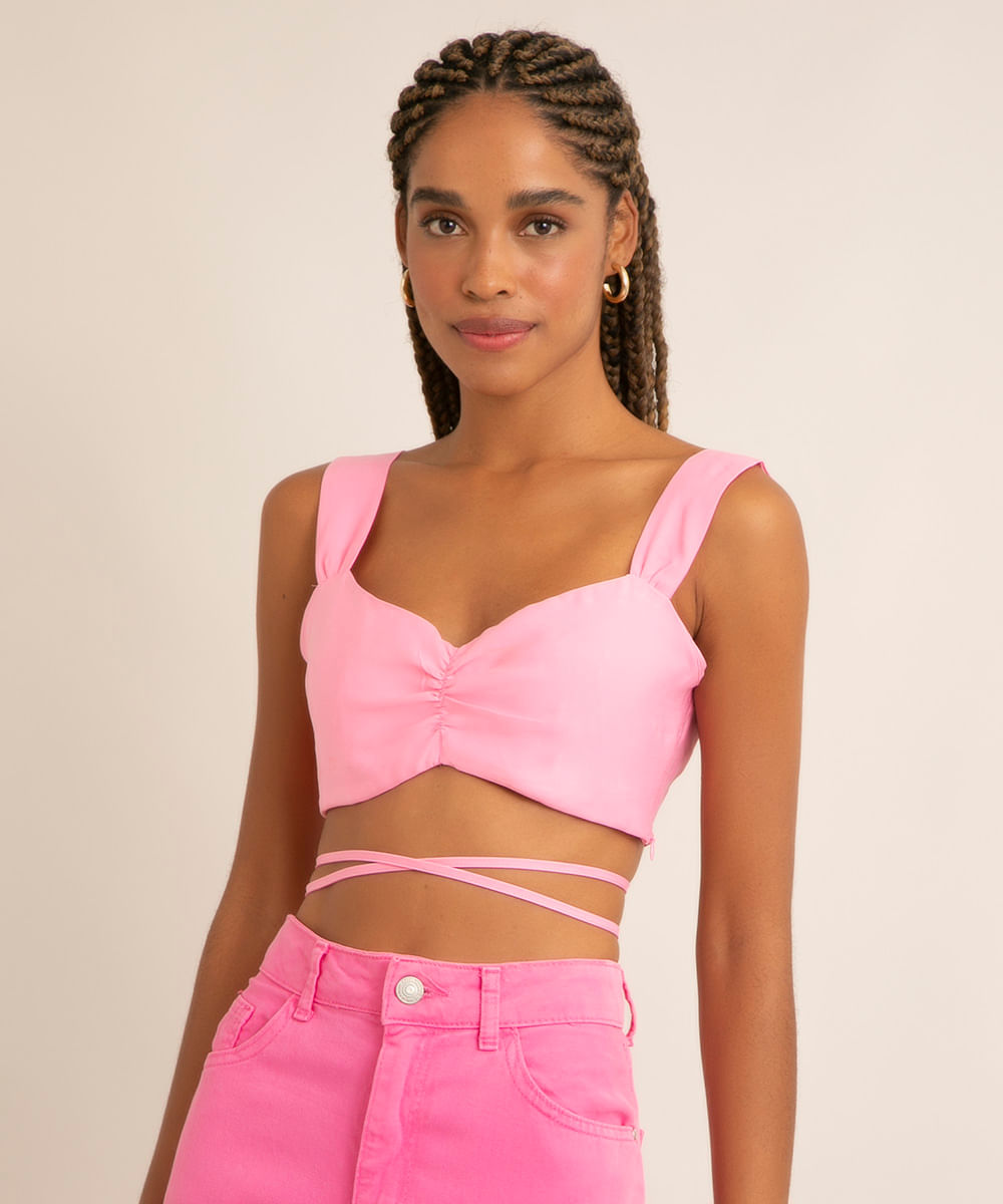 regata cropped com franzido e amarração alça larga decote v rosa