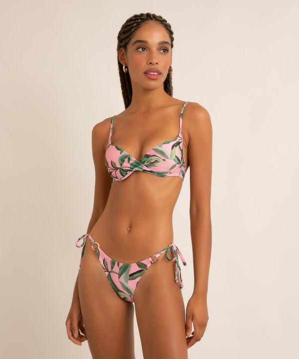 biquíni tanga com amarração e argolas estampa folhagens com proteção UV50+ rosa GG
