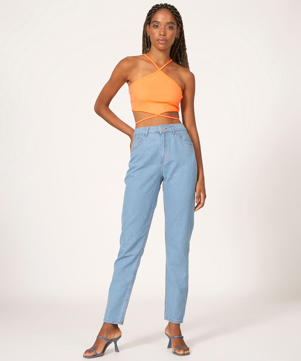 Calça Jeans Feminina Mom Cintura Super Alta Azul Médio