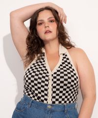 Colete-Frente-Unica-de-Trico-Plus-Size-Estampado-Quadriculado-Decote-V-Mindset-Bege-1007198-Bege_1