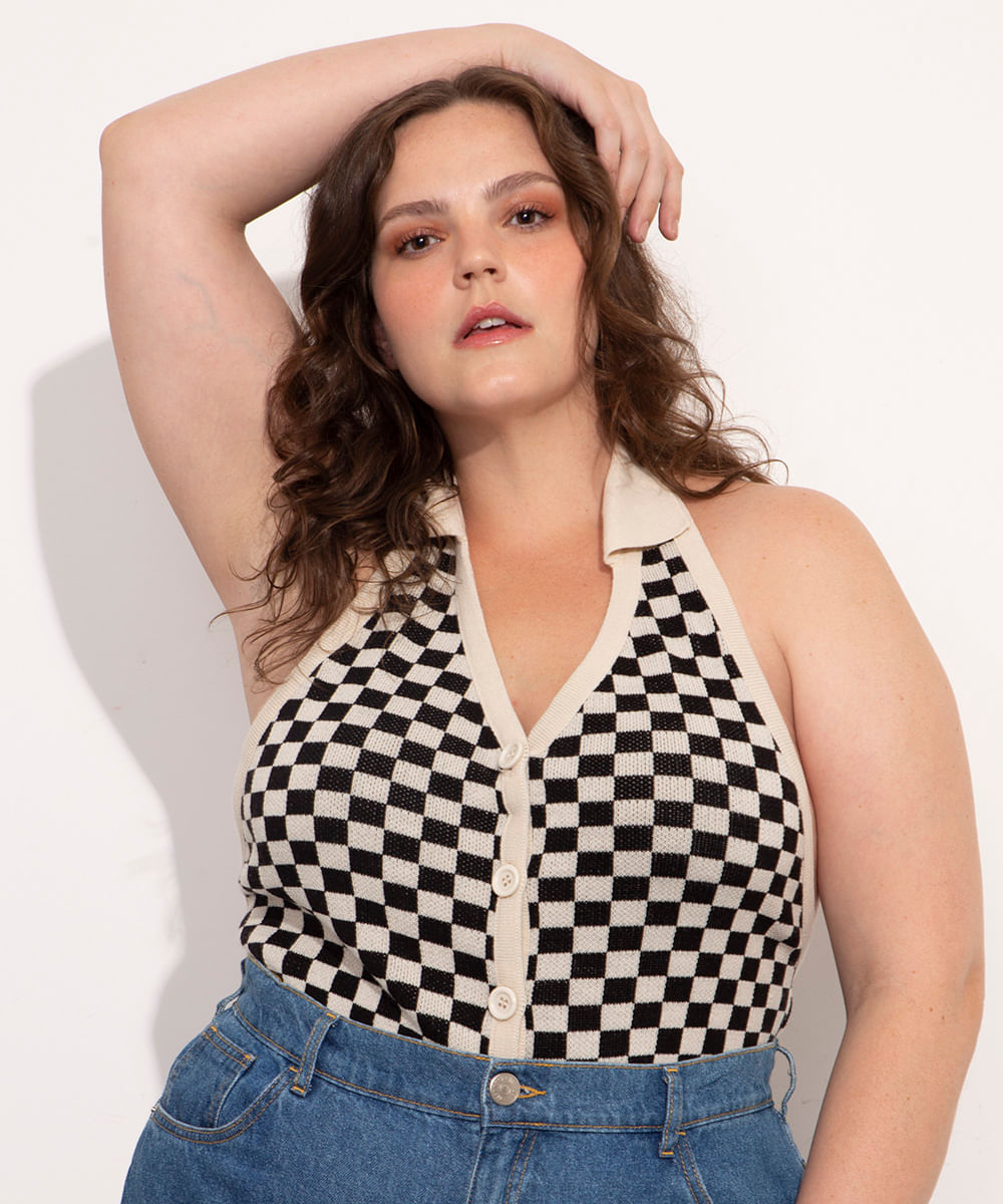 Colete Frente Única de Tricô Plus Size Estampado Quadriculado Decote V Mindset Bege