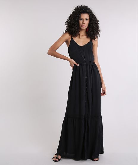 Vestido-Feminino-Longo-Texturizado-com-Fenda-Alcas-Finas-Decote-Redondo-Preto-9136864-Preto_1