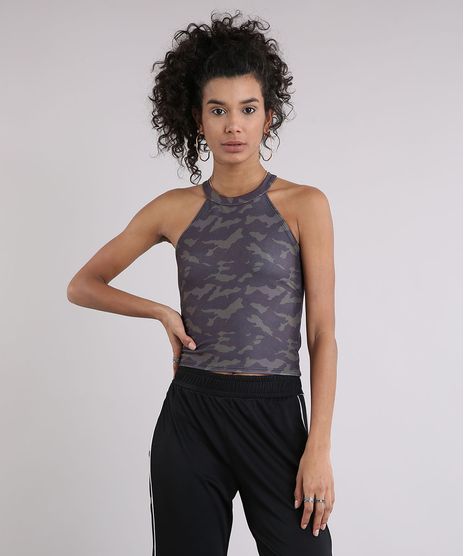 Regata-Feminina-Halter-Neck-Cropped-Estampada-Camuflada-com-Alcas-Finas--Verde-Militar-9240367-Verde_Militar_1