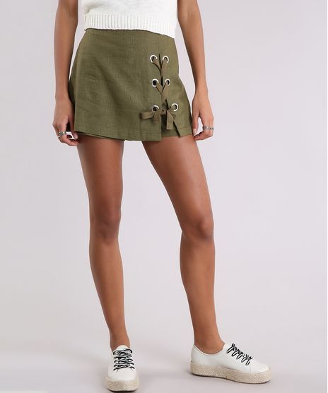 Short-Saia-Feminino-Linho-com-Lace-Up--Verde-Militar-9089389-Verde_Militar_1