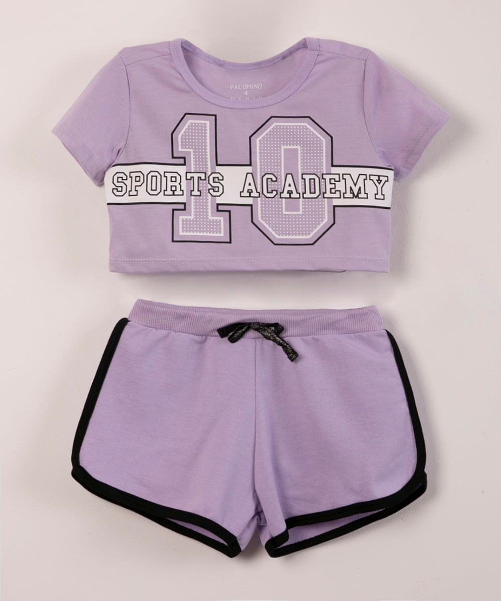 conjunto infantil blusa cropped manga curta + short lilás