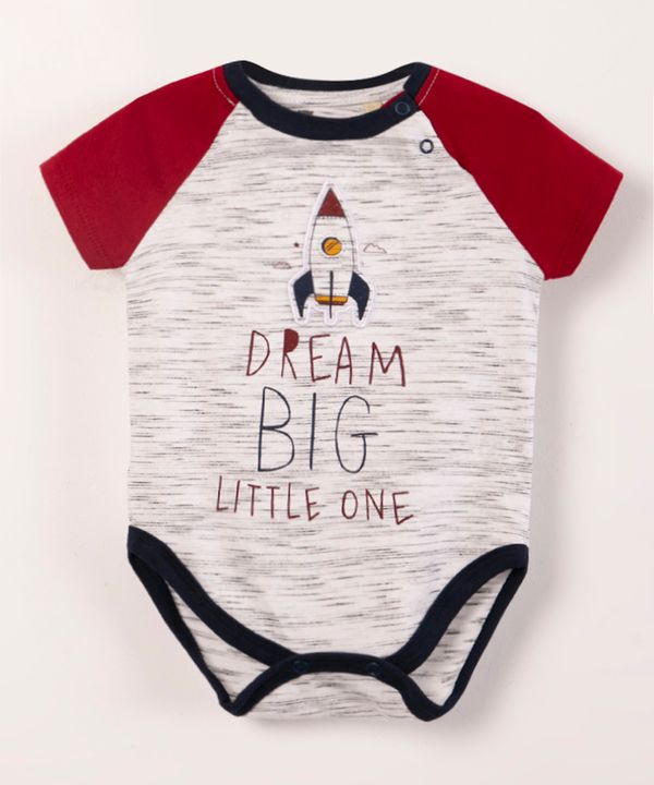 body infantil gola redonda manga curta bordado foguete off white 12-18