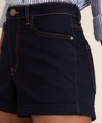 Short Jeans Hot Pant com Barra Dobrada Azul Escuro cintura