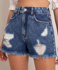 Short Jeans Mom Rasgada Cintura Alta Marmorizado Azul Médio frente