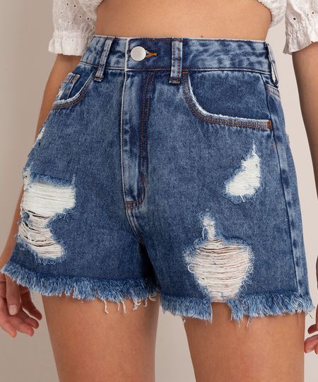 Short Jeans Mom Rasgada Cintura Alta Marmorizado Azul Médio frente
