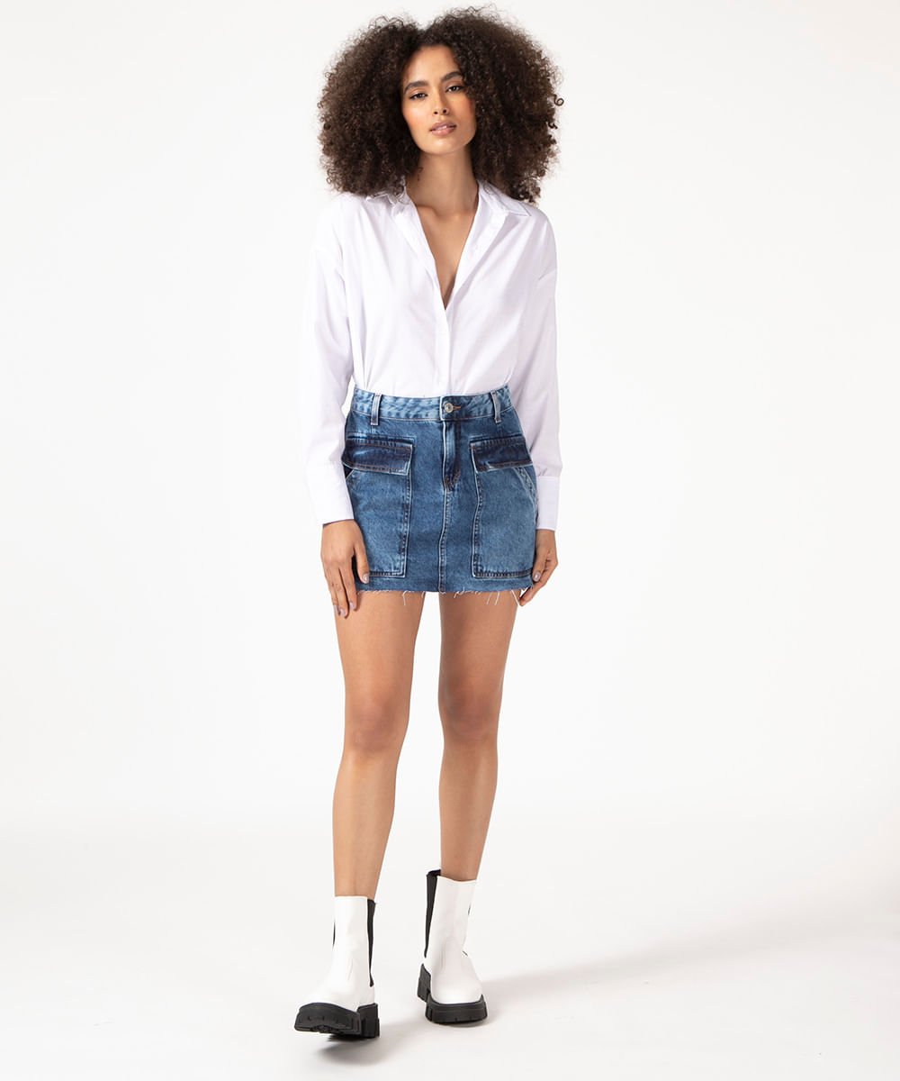 saia jeans cargo barra a fio azul escuro