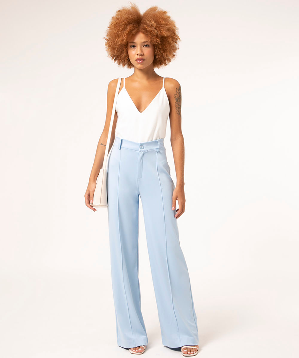 calça cintura alta vinco central azul
