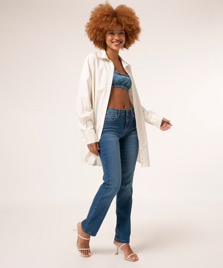 Calça Jeans Reta Com Bolsos Cintura Alta Azul Escuro Calça Jeans Reta Com Bolsos Cintura Alta Azul Escuro