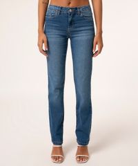 Calça Jeans Reta Com Bolsos Cintura Alta Azul Escuro frente