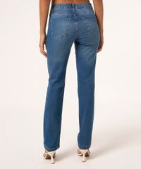 Calça Jeans Reta Com Bolsos Cintura Alta Azul Escuro costas