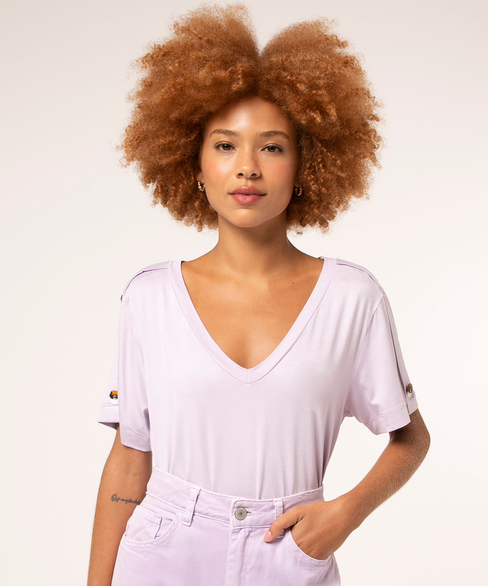 blusa manga curta decote v botões lilás