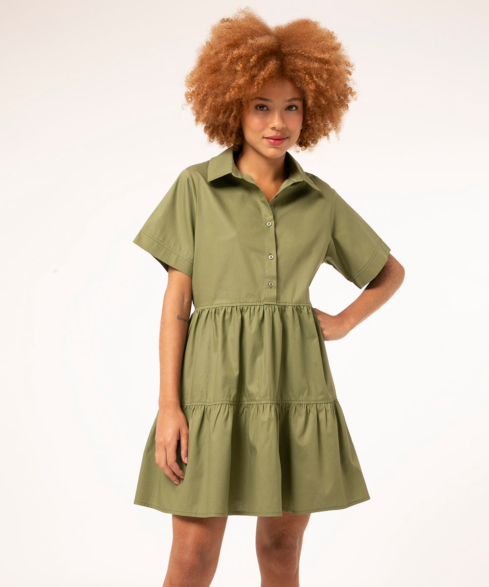 vestido chemise manga curta verde