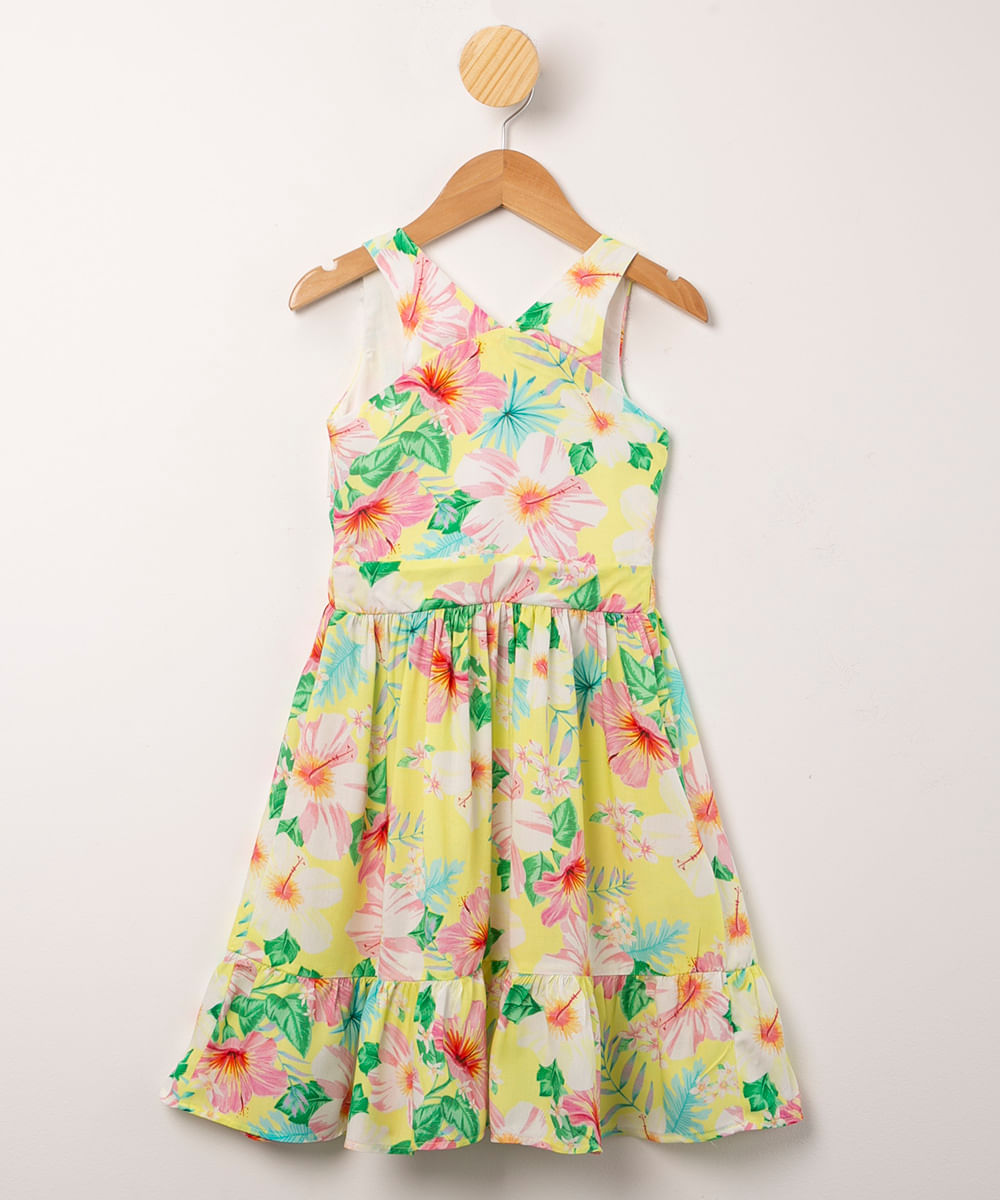 vestido infantil de viscose estampado floral cut out com recorte amarelo