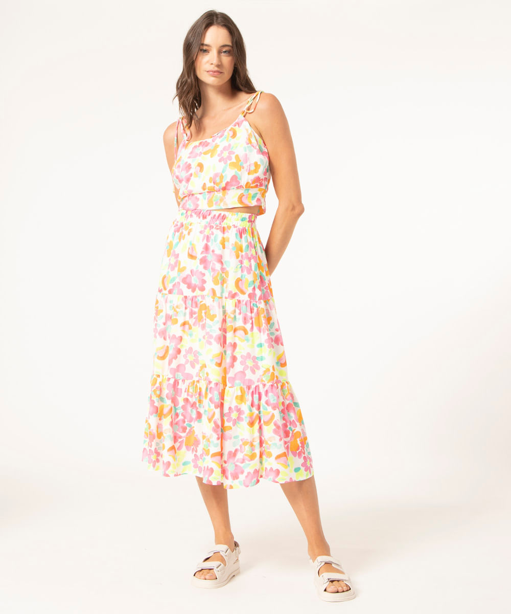 saia midi de viscose com recortes estampa floral off white