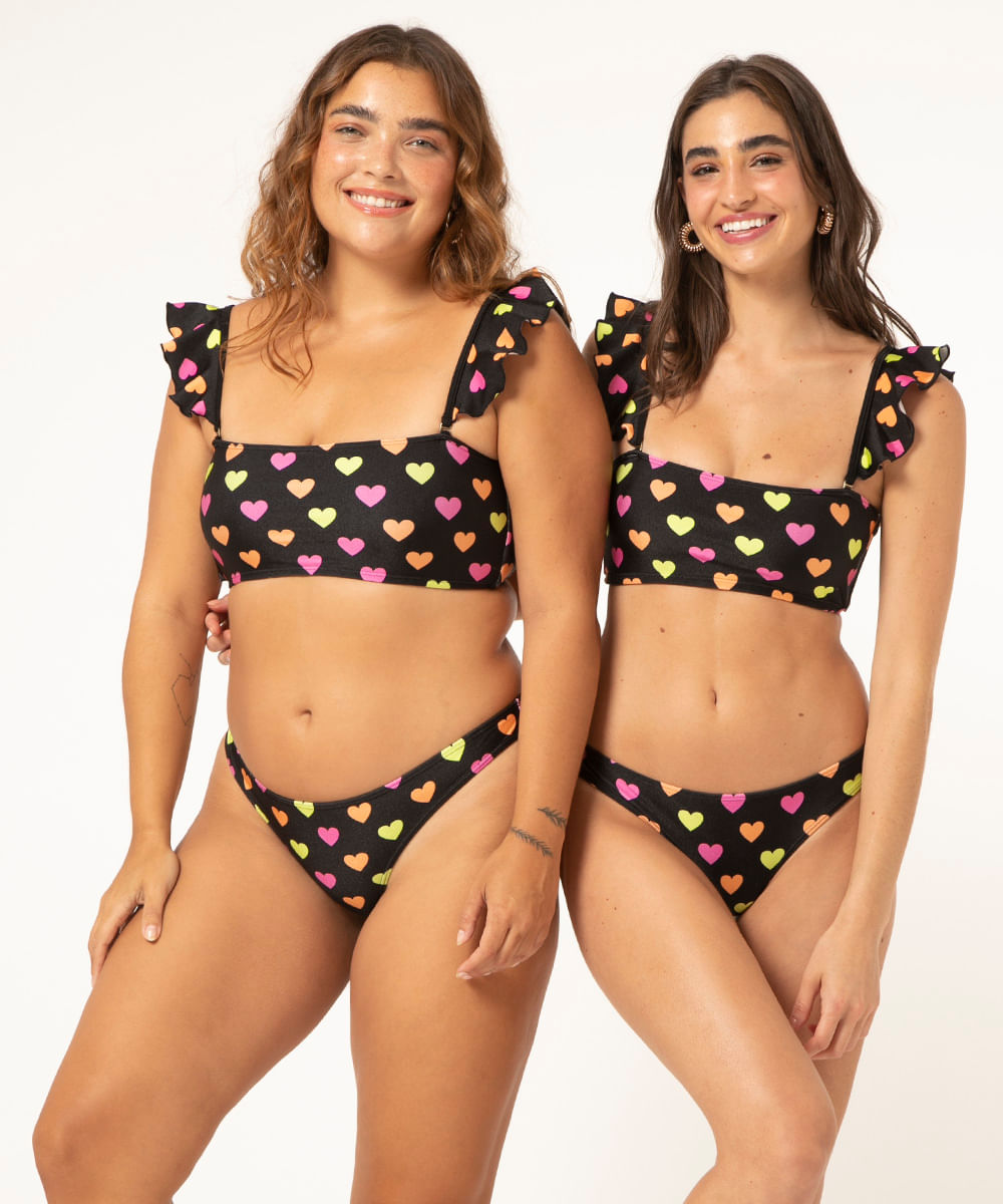 biquíni tanga bombom corações com proteção uv50+ preto