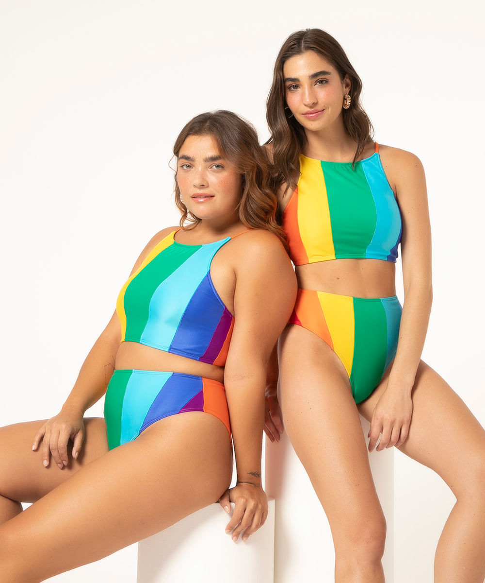 biquíni halter neck listrado com proteção uv50+ multicor