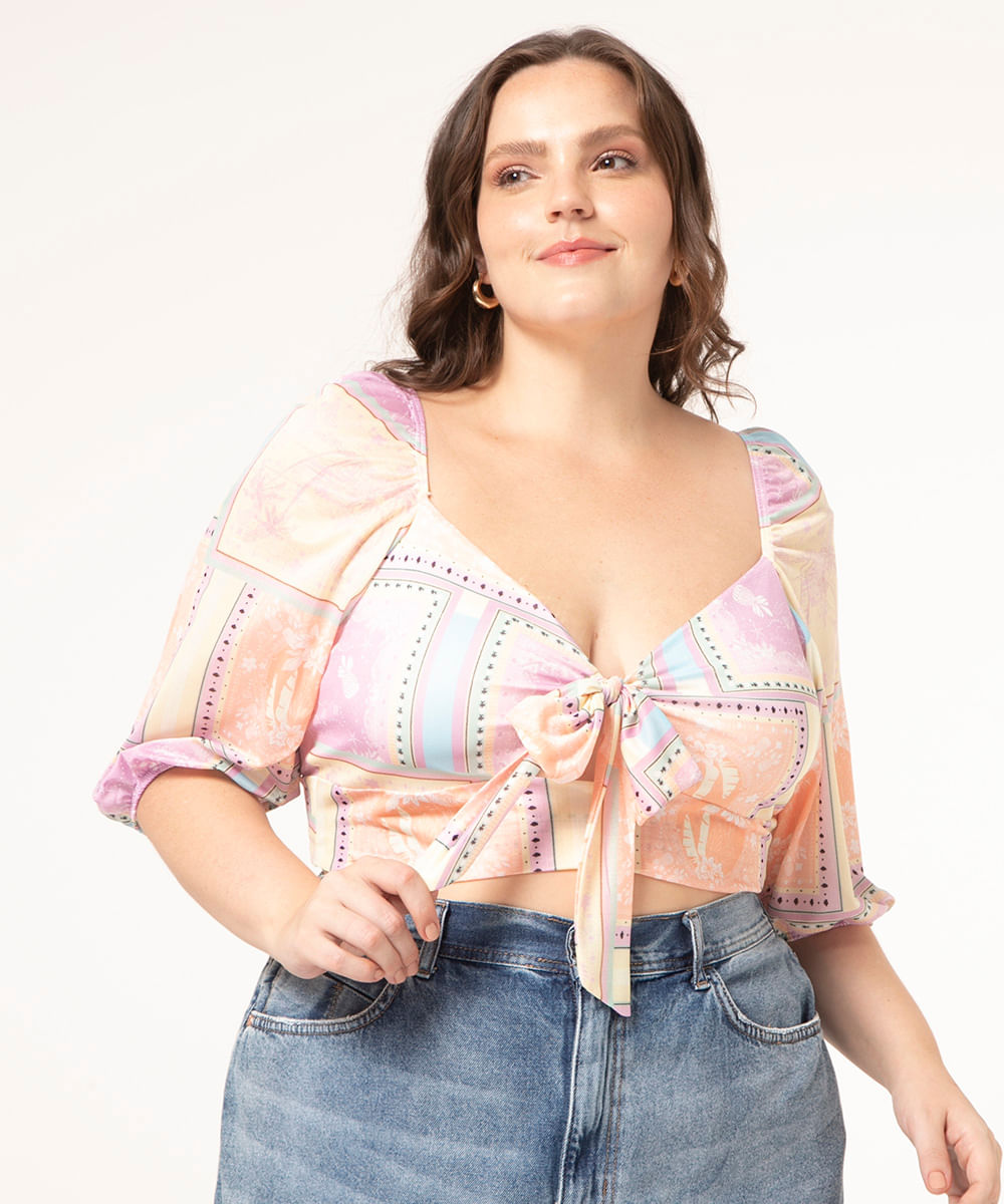 blusa plus size cropped amarração multicor